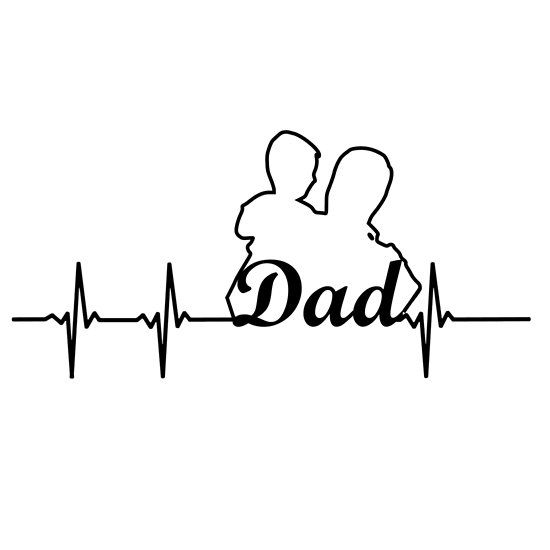 the word dad written on top of a heartbeat line with two people hugging each other