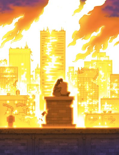 an animated image of a city with fire coming out of the sky and buildings in the background