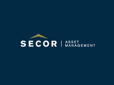 the secor asset management logo on a dark blue background with white letters and gold accents