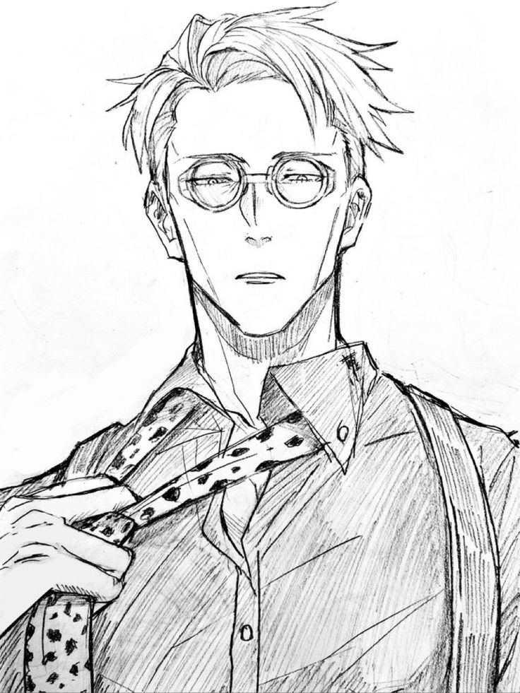 a black and white drawing of a man with glasses holding a tie in his hand