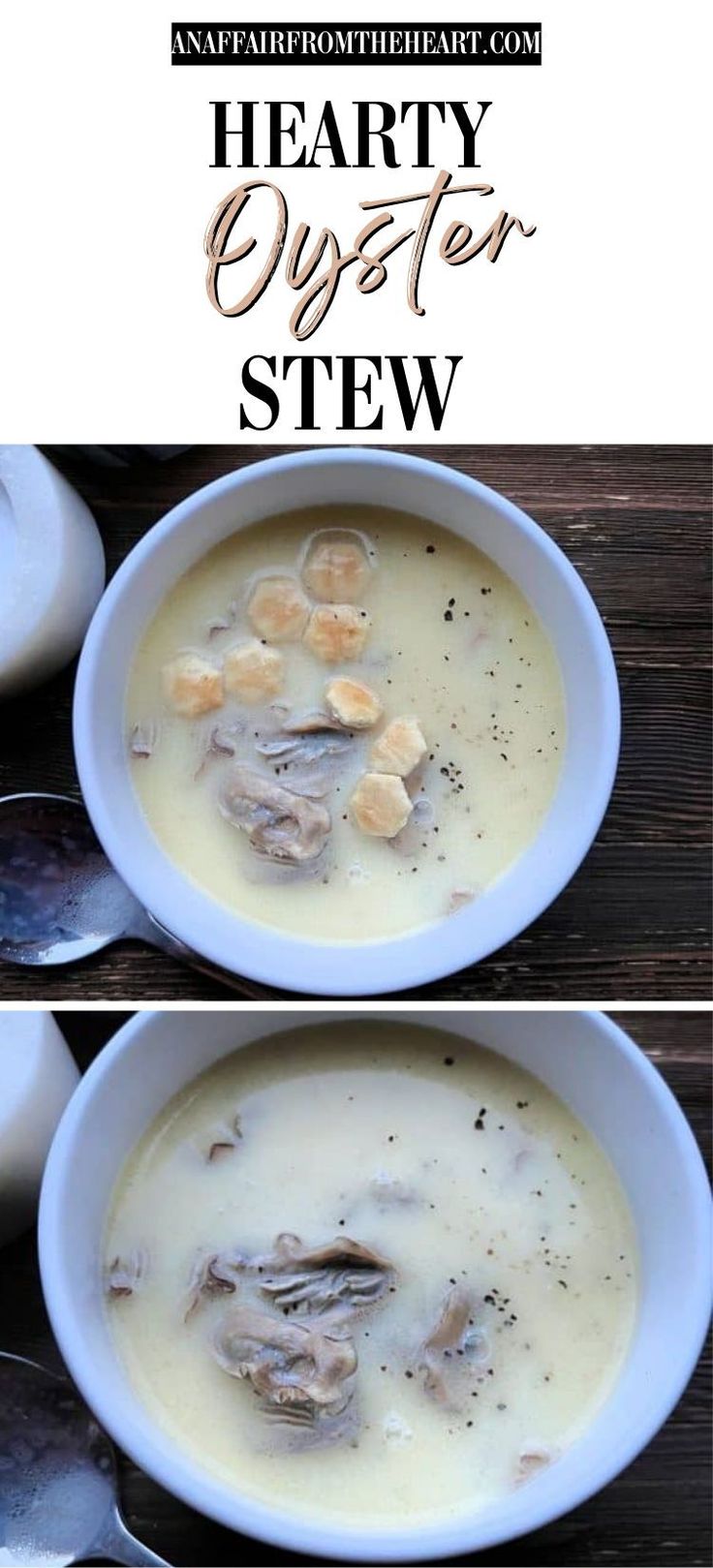 two pictures show the same bowl of soup with meat and potatoes in it, on top of