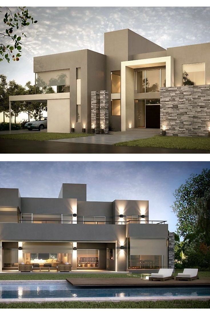 two pictures of a modern house at night and day