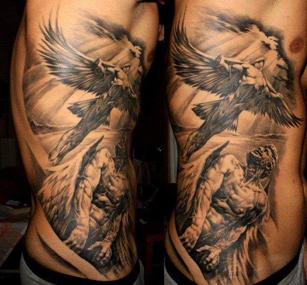 two men with tattoos on their stomachs and one has an eagle in the middle