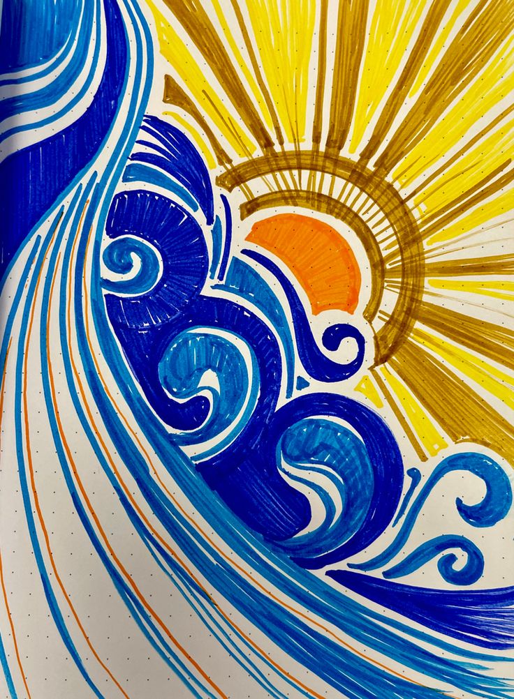 the sun is shining brightly over an ocean wave with blue, yellow and orange colors