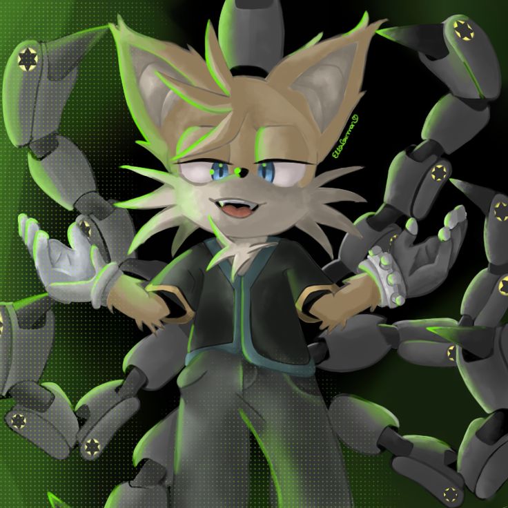 an animated cat is standing in front of green and black background with his arms spread out