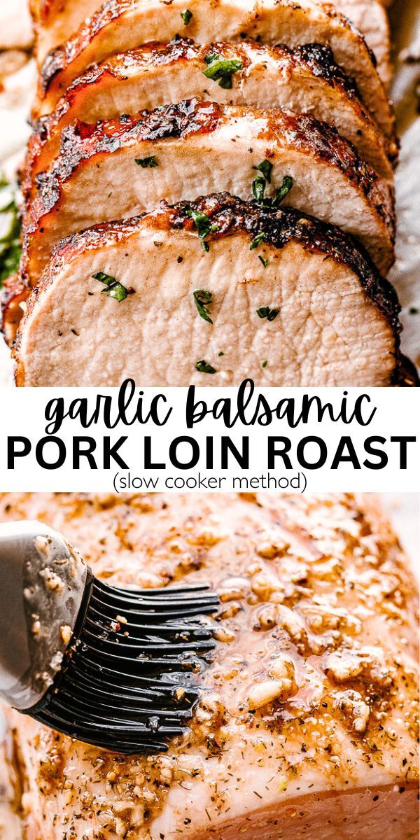 slow cooker garlic balsamic pork loin on a plate with a fork