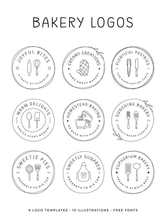 the bakery logos are designed in black and white, with different types of spoons