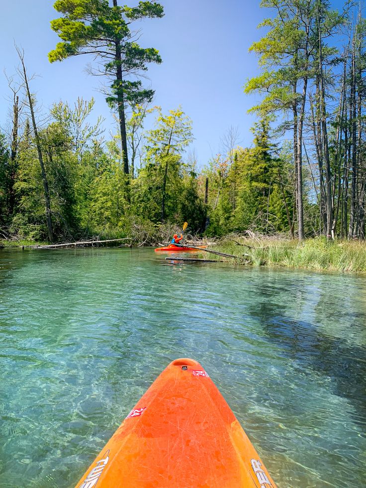 an orange kayak in the middle of a river surrounded by trees and grass, on a sunny day