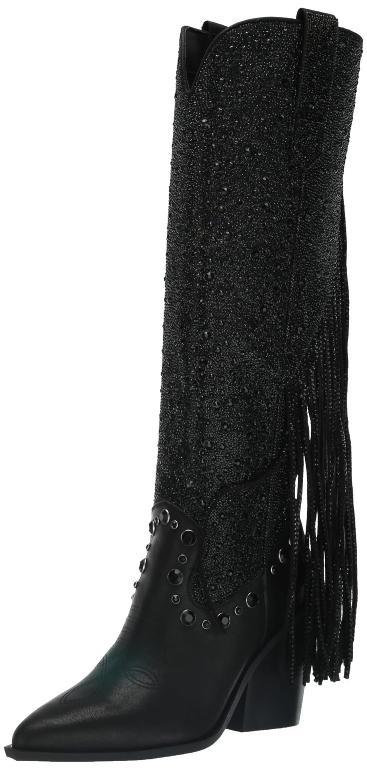 PRICES MAY VARY. Steve Madden Womens Heeled western boot All over rhinestone embellished Embellished fringe on back of the boot Pull-on Silver Sequin With Black Cowboy Boots, Black Boots Fringe, Black Cowgirl Boots Steve Madden, Steve Madden Bling Boots, Steve Madden Crystal Boots, Manitobah Mukluks, Boot Pulls, Western Boots Women, Shearling Boots