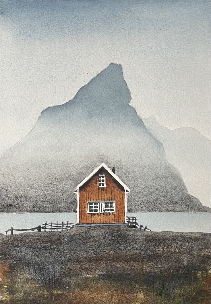 Watercolor Scandinavian Art, Hygge Watercolor, Watercolour Inspiration Landscape, Watercolour Art Landscape, Iceland Watercolor, Akvarel Painting, Watercolour House Painting, Watercolour Houses, Watercolour House