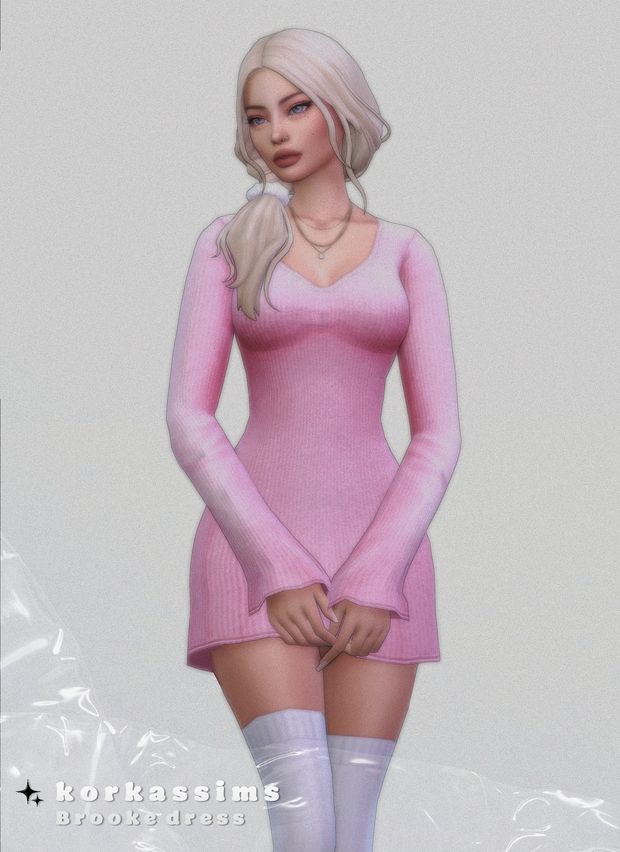 a woman in a pink dress and knee high socks