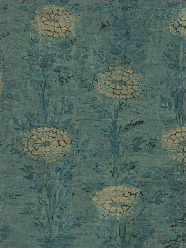 a blue and green wallpaper with flowers on it