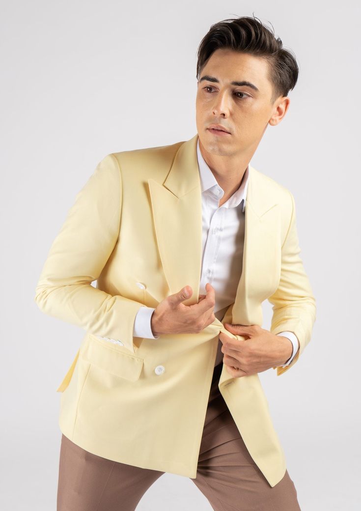 Look like royalty in the Waverly Cream Stretch Blazer. Crafted with a vibrant, cream yellow stretch cotton, this custom made jacket is the perfect combination of style and comfort. Get ready to look your best while making a statement! Fitted Yellow Blazer For Spring, Yellow Fitted Blazer For Formal Occasions, Elegant Yellow Suits For Spring, Yellow Long Sleeve Suits For Spring, Cream Suits With Lapel Collar For Spring, Fitted Yellow Suits For Spring, Spring Cream Suits With Long Sleeves, Fitted Single Breasted Cream Sport Coat, Fitted Cream Single Breasted Sport Coat