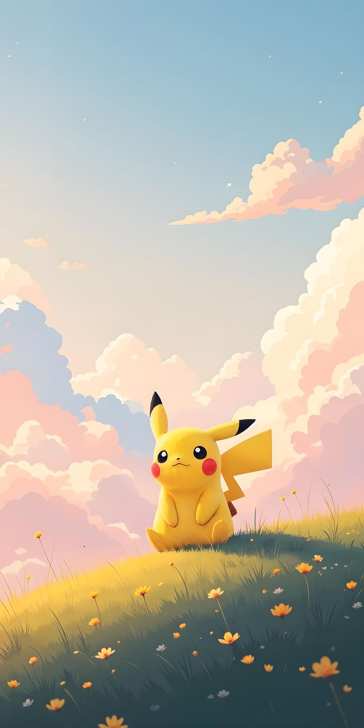 a pikachu sitting on top of a lush green field under a cloudy blue sky