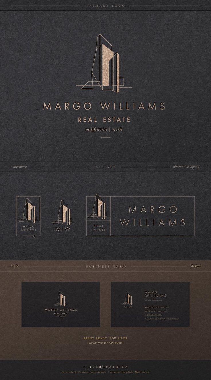 the logo for marco williams real estate is shown in black and gold colors on a dark background