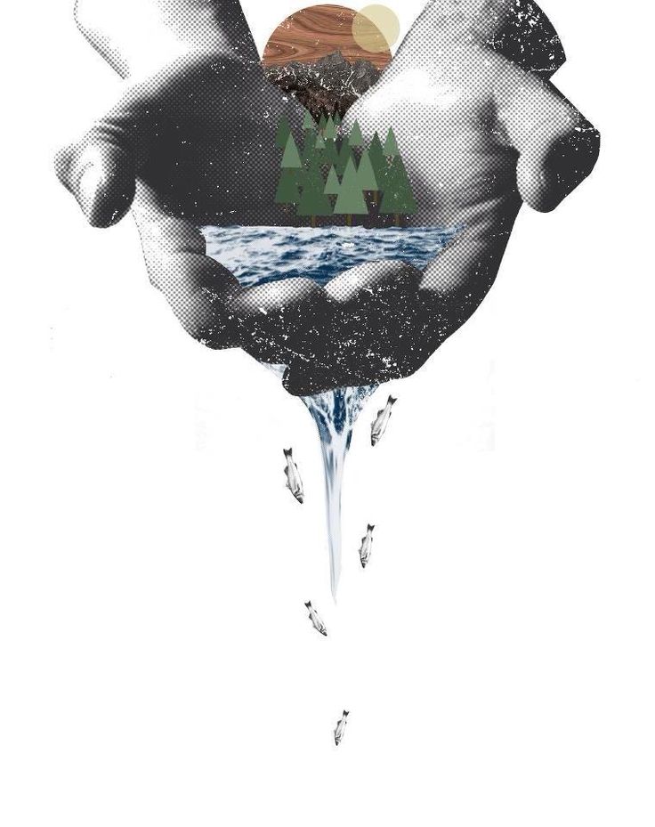 two hands are holding trees and mountains in the air with water coming out of them