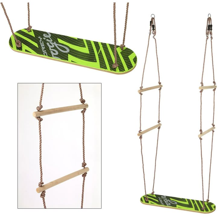 a green and black skateboard hanging from a rope with two ropes attached to it