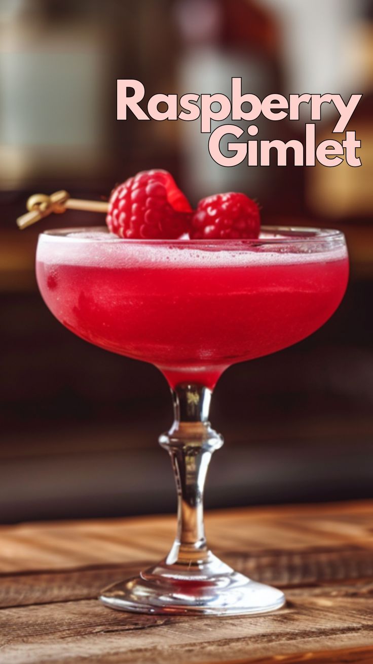 raspberry gimlet in a coupe glass on a wooden table with the words raspberry gimlet above it