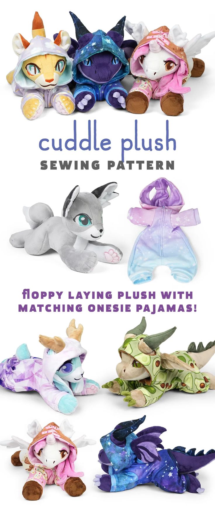 several stuffed animals are shown with the words cuddle plush sewing pattern on them and in different colors