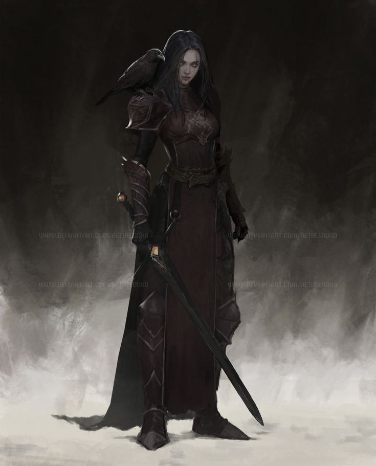 a woman dressed in black holding two swords and a bird on her shoulder, standing in the snow