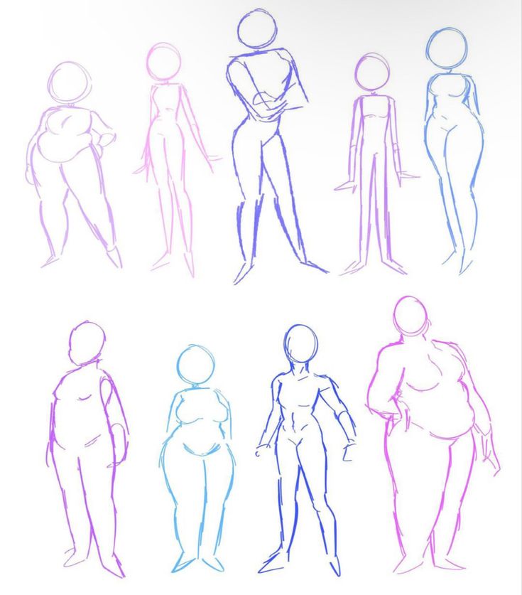 six different types of female body shapes drawn by hand with colored pencils on white paper