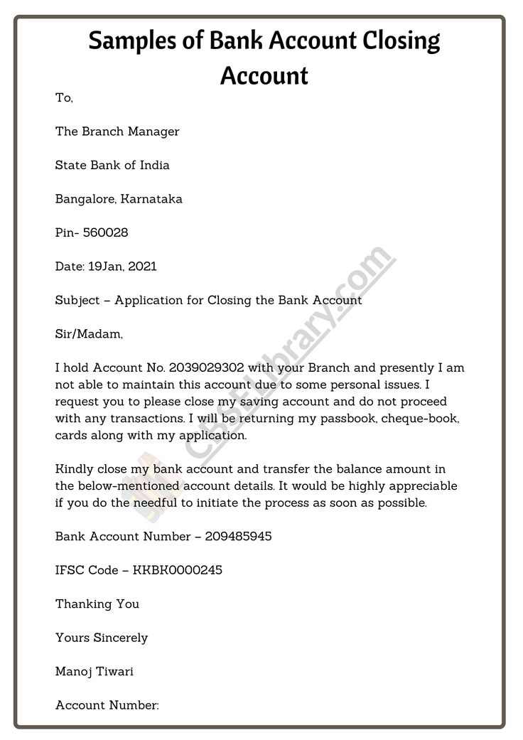 the bank account closing letter is shown in this file, and it appears to be format for