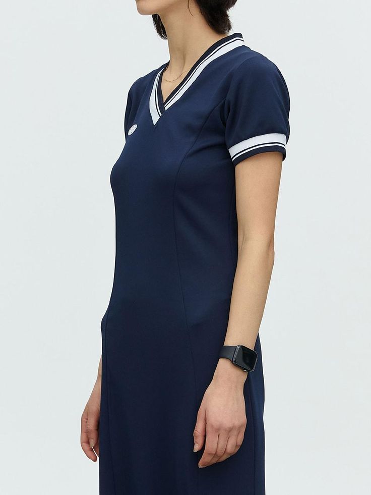 This is a trendy and casual dress by MENASOO that is made out of high quality and sturdy material. With distinctive mood of the design and comfortable wear, you can style it for your casual daily outfit.- Color point on the neck and cuffs ribbing- Logo embroidery on the front chest- Sporty and casual mood Casual Navy Mini Dress Knee-length, Navy Casual Short Sleeve Midi Dress, Navy Casual Mini Dress With Short Sleeves, Navy Short Sleeve Casual Midi Dress, Navy Fitted Casual Midi Dress, Casual Navy Mini Dress, Casual Navy Mini Dress For Work, Logo Embroidery, Jersey Dress