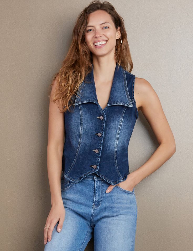 Willa Denim Vest Indigo Front View Below The Knee Skirt, Denim Corset Top, Sleeveless Denim Dress, Denim Corset, Denim Overall Dress, Cropped Flare Jeans, Tee Shirt Dress, Knee Dress, Midi Maxi Dress