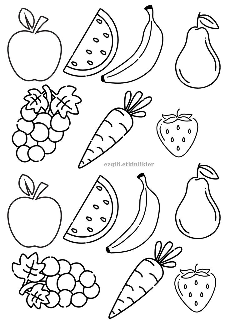 fruits and vegetables coloring pages for kids to print out, including apples, carrots, bananas