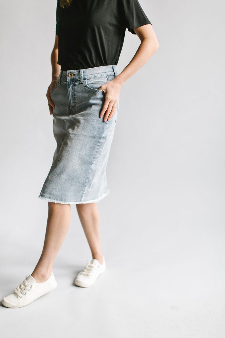 'Lily' Light Denim Knee Length Skirt Summer Denim Knee-length Skirt, Summer Stretch Denim Skirt, Spring Knee-length Denim Blue Skirt, Stretch Skirt With Frayed Hem For Summer, Summer Stretch Skirt With Frayed Hem, Stretch Summer Skirt With Frayed Hem, Spring Mid-rise Washed Denim Skirt, Spring Medium Wash Knee-length Skirt, Spring Denim Knee-length Skirt