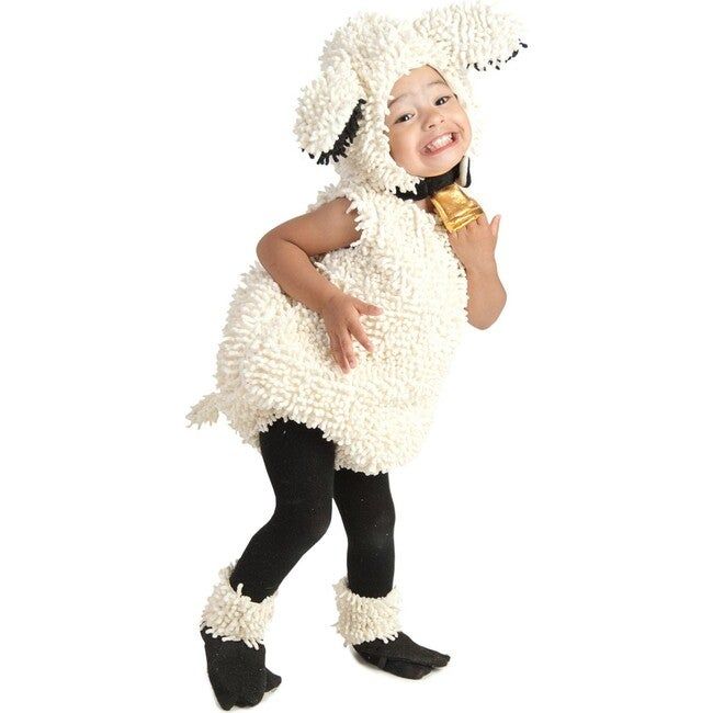 Oh Baaaaby, your little one will be the sweetest in the flock wearing the Lovely Lamb Toddler Costume. This outfit includes a creamy white wooly looking chenille sleeveless romper with a small tail on the back and ankle cuffs with black hooves. A matching hood with attached ears and chin strap features a gold soft bell to complete this adorable look. Pair with your littles favorite leggings and top to keep warm in colder weather. The Lovely Lamb costume is perfect for looking so cute while trick Baby Sheep Costume, Diy Sheep Costume, Sheep Costume, 3 People Costumes, Lamb Costume, Sheep Costumes, Nativity Costumes, Pig Costumes, Baby Kostüm