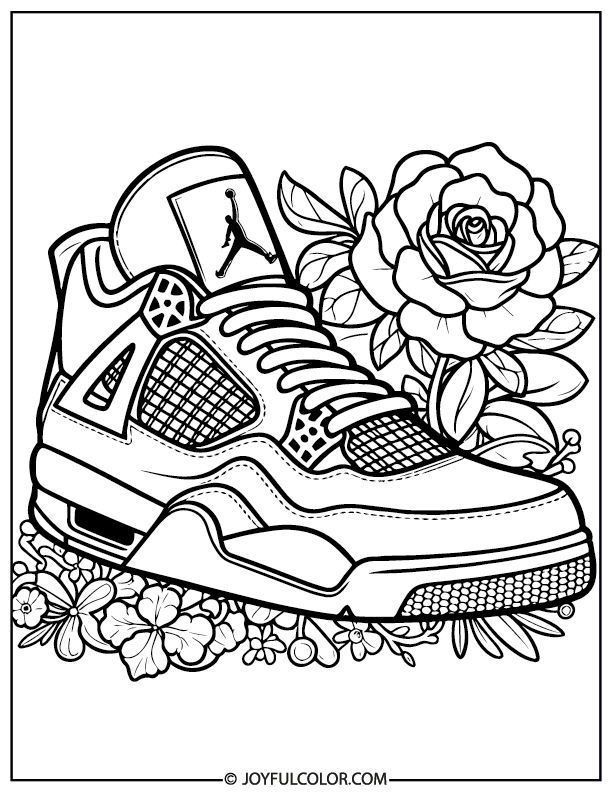 a shoe with flowers on the side and a flower in the middle coloring page for adults