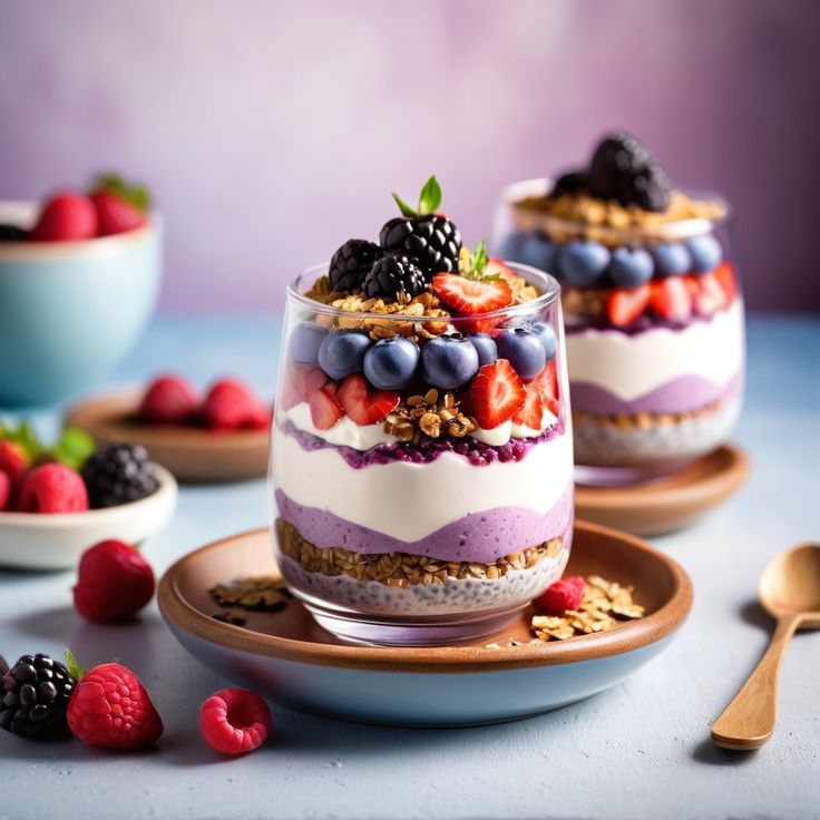 two desserts with berries, yogurt and granola