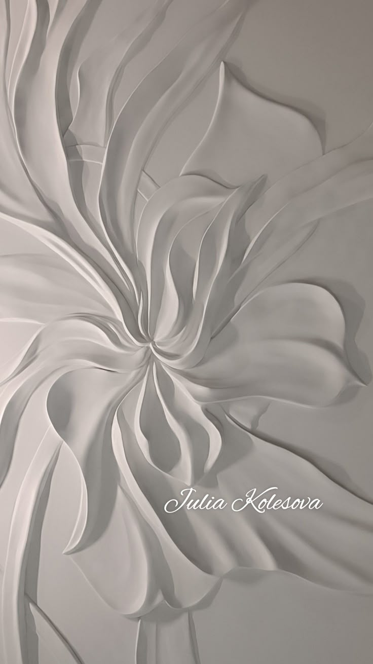 an abstract white flower with the words julia kalsworth on it's side