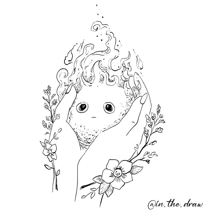 a black and white drawing of a hand holding a baby's head with flowers on it