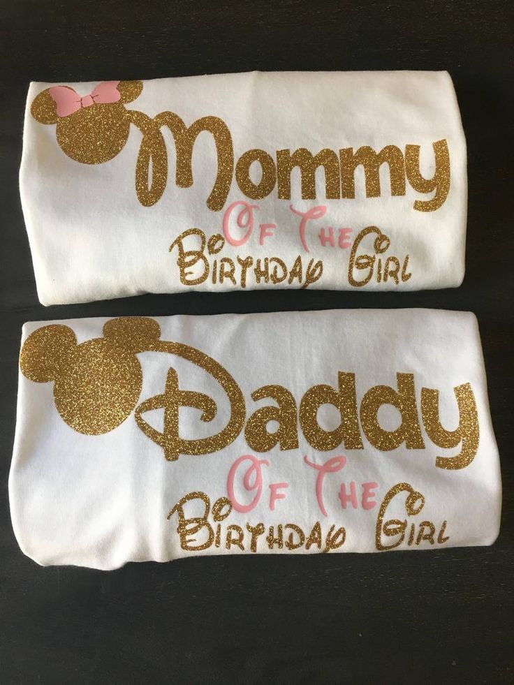 two white towels with gold glitter mickey mouse and the words mommy of the birthday girl on them