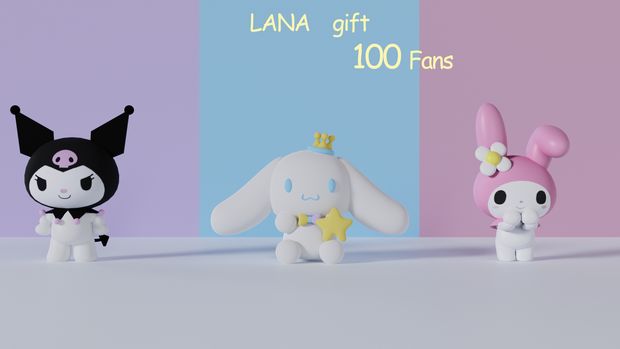 three small toys are sitting in front of a colorful background with the words lana gift 100 fans