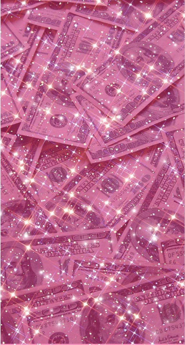 a pile of money sitting on top of a pink background with stars and sparkles