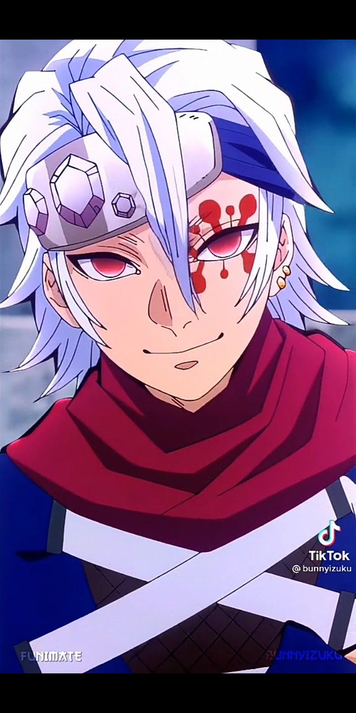 an anime character with white hair and blood on his face is staring at the camera