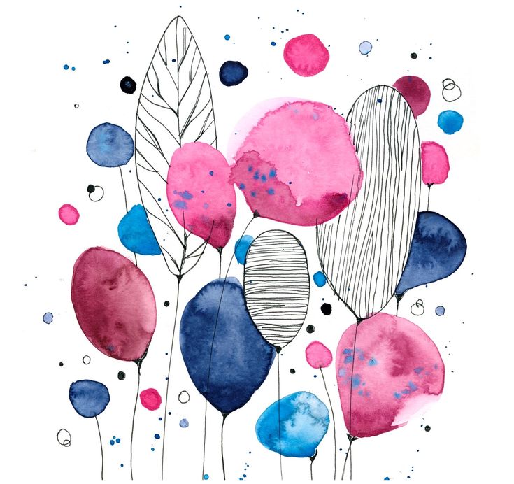 watercolor and ink painting of colorful flowers on white paper with blue, pink, and black dots