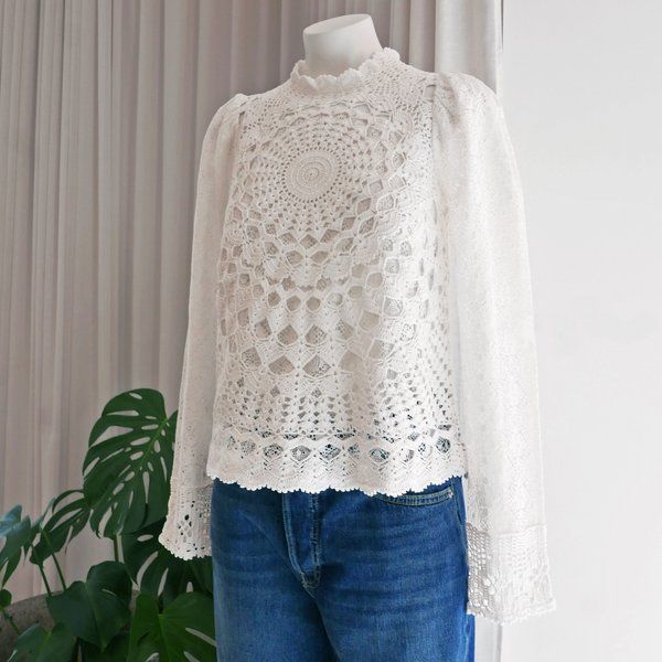 Sea NY Venice Crochet Top - Cream Feminine Long Sleeve Crochet Top With Lace Trim, Chic Crochet Lace Top With Long Sleeves, Fitted Long Sleeve Blouse With Crochet Trim, Fitted Long Sleeve Crochet Top With Crochet Trim, Elegant Long Sleeve Blouse With Crochet Trim, Fitted Long Sleeve Crochet Top With Trim, Long Sleeve Lace Crochet Top With Crochet Trim, Long Sleeve Lace Crochet Top, Elegant Long Sleeve Tops With Crochet Trim