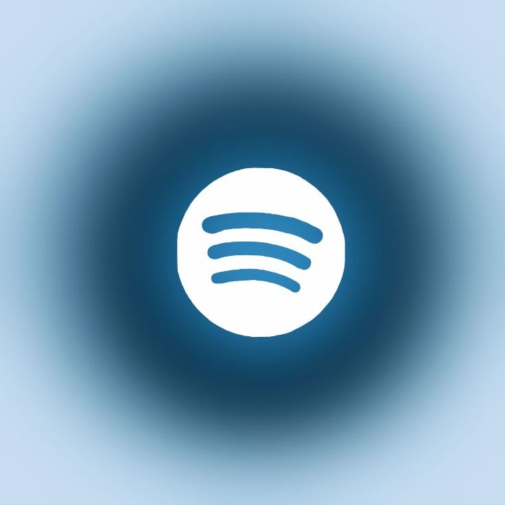 a blue and white spot with an image of a music player's head in the center