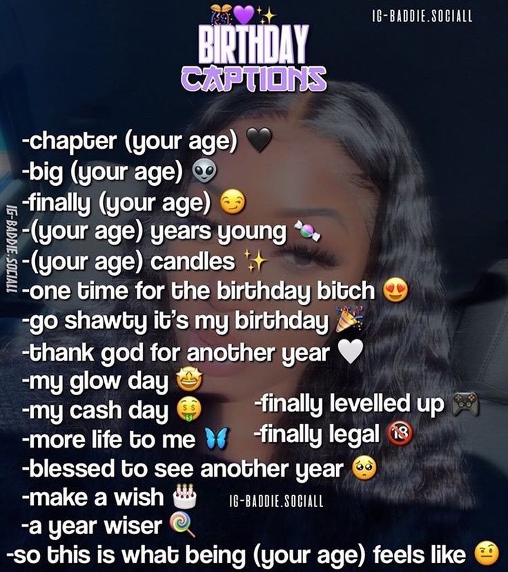 a woman with long hair and emoticions on her face is surrounded by text that reads, birthday captions