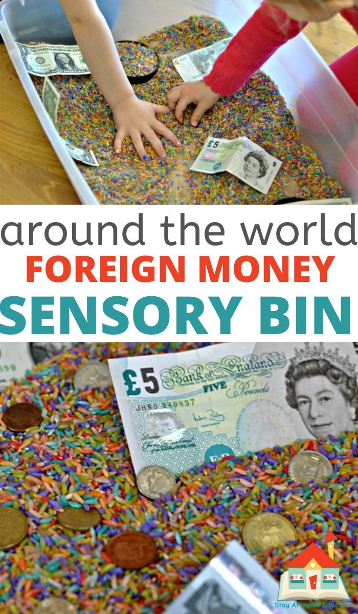 children are playing with money in a bin filled with sprinkles and coins