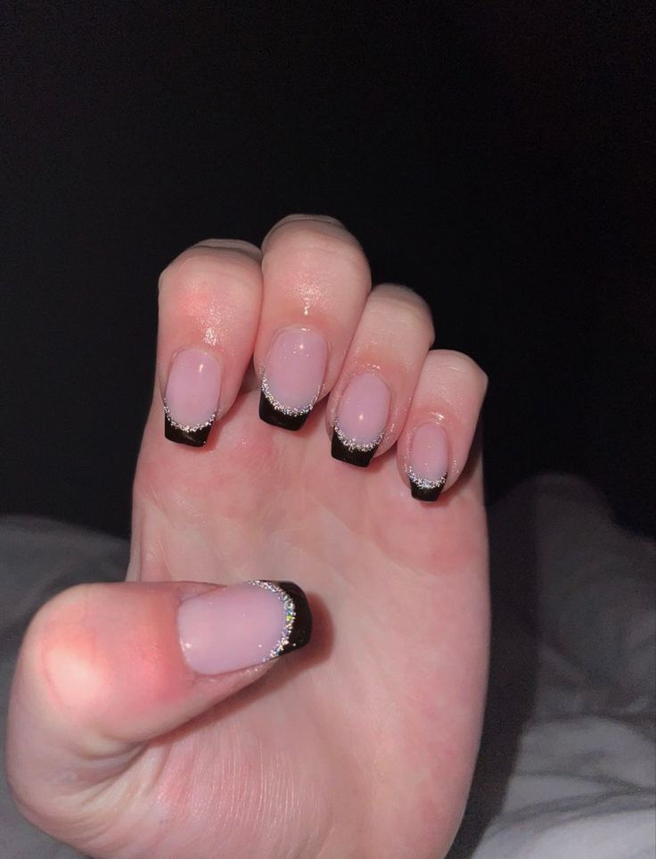 Simple Prom Nails French Tips, Mail Inspo 2023 Square, Bridesmaids Nail Ideas Black, Nails For Banquet, Black French Tips With Sparkles, Nail Art With Stripes, Nails To Go With Black Dress Prom, Black French Tip Nails With Sparkle, Bridesmaid Nails Black Dress