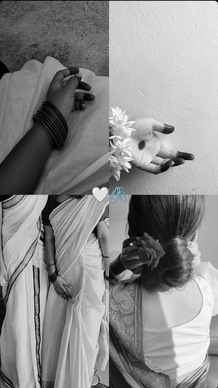 three different pictures of women with their hands on each other's shoulders and one holding flowers in her left hand