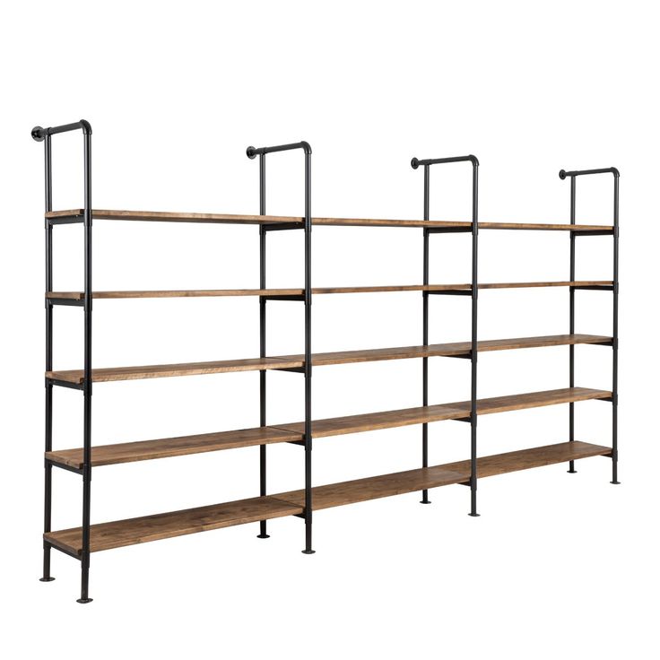 three shelving units with metal pipes and wooden shelves on each side, one is empty