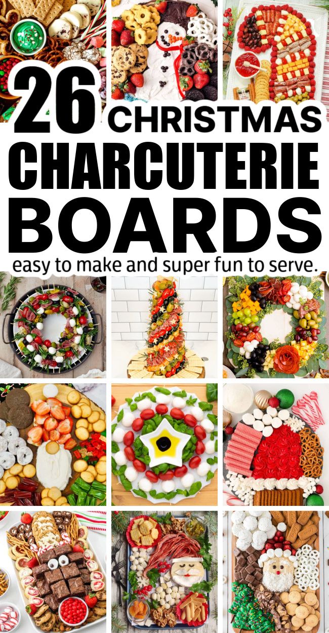 the cover of 26 christmas charoutre boards with pictures of different foods and desserts