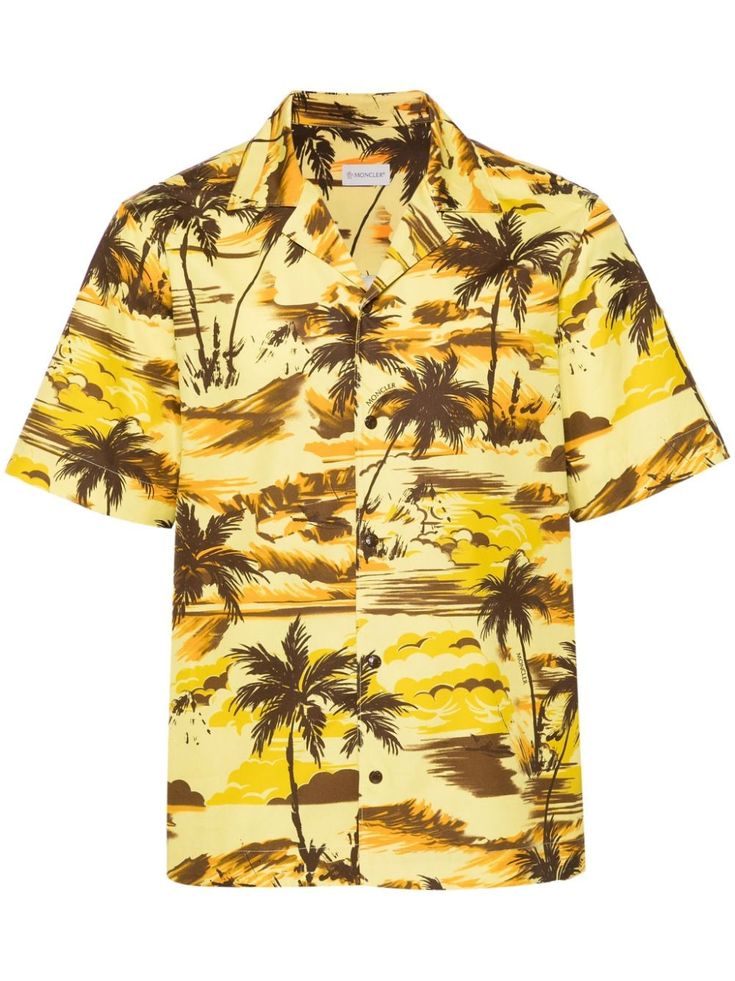 canary yellow/chocolate brown cotton poplin texture all-over palm tree print camp collar front press-stud fastening logo-engraved buttons short sleeves straight hem Palm Tree Print, Canary Yellow, Tree Print, Press Studs, Print Shirt, Cotton Poplin, Chocolate Brown, Palm Tree, Palm Trees