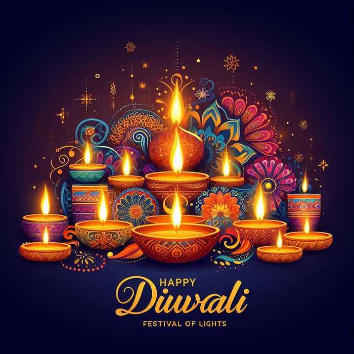 happy diwali festival of lights with colorful candles and paisley designs on dark background